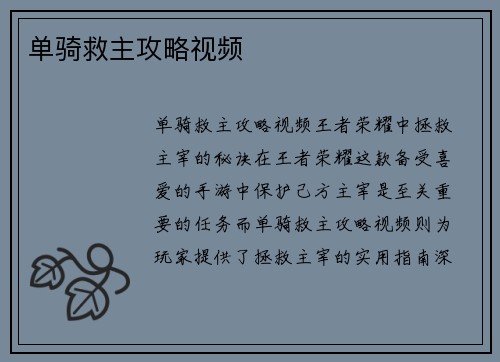 单骑救主攻略视频