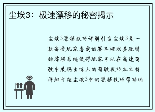 尘埃3：极速漂移的秘密揭示
